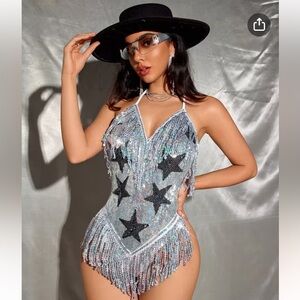 Sequins Silver Star Fringe Bodysuit